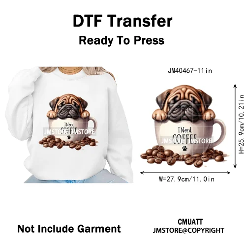 Funny Cartoon Pet Puppy Small Sleeping Cozy Coffee Dogs Lover Iron on DTF Washable Transfers Sticker Ready to Press for Clothing