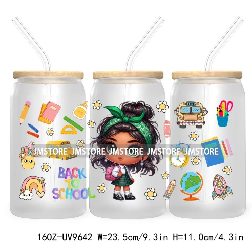 Back To School Cartoon Princess 16OZ UV Cup Wrap DTF Transfer Sticker For Libbey Glass Can Cups Tumbler Waterproof Label Teacher