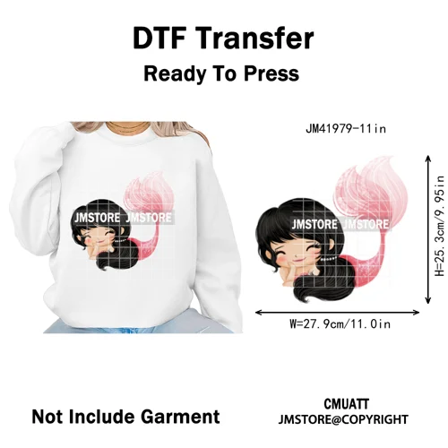Cute Winter Christmas Girls Baby Mermaid Kids Cartoon Character Iron on DTF Washable Transfers Stickers Ready to Press for Texti