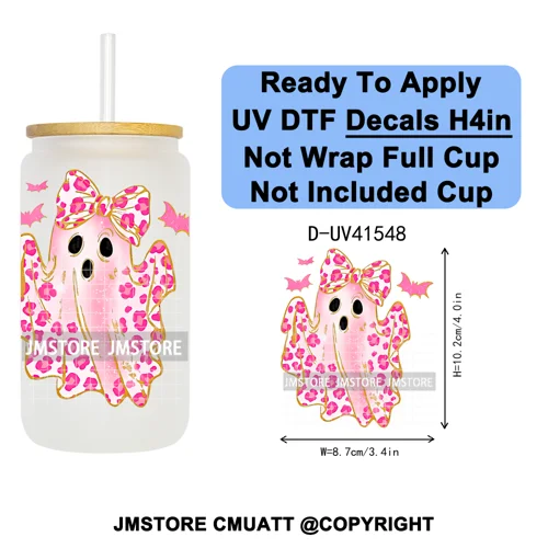 Spooky Highland Cow Halloween Ghosts Pumpkin UV DTF Decals Ready To Apply Waterproof Transfer Stickers For 16OZ Libbey Glass Can