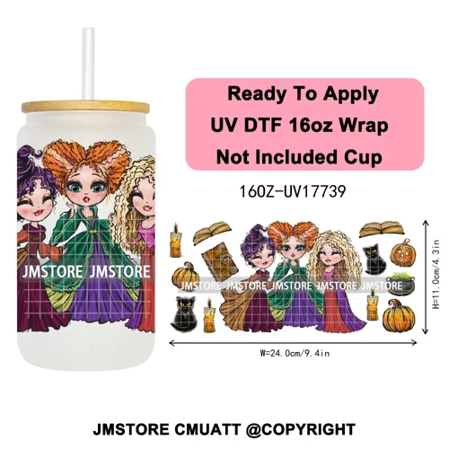 Horro Killer Witch Halloween UV DTF Cup Wrap Ready To Apply Transfer Stickers Waterproof 16OZ Tumbler Wraps For Libbey Glass Can