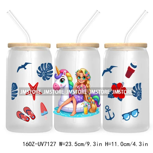 Cartoon Princess's Summer Vacation 16OZ UV DTF Cup Wrap Transfers Stickers For Libbey Glass Can Cups Tumbler Waterproof Craft