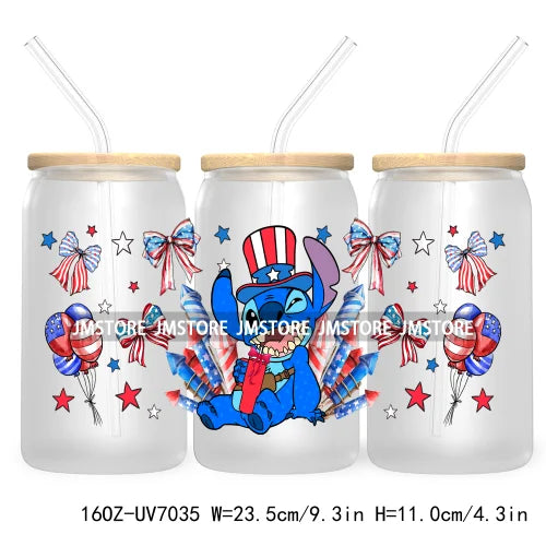 Happy 4TH Of July Cartoon Bear Friends 16OZ UV DTF Cup Wrap Transfer Stickers For Libbey Glass Can Cups Tumbler Waterproof Craft