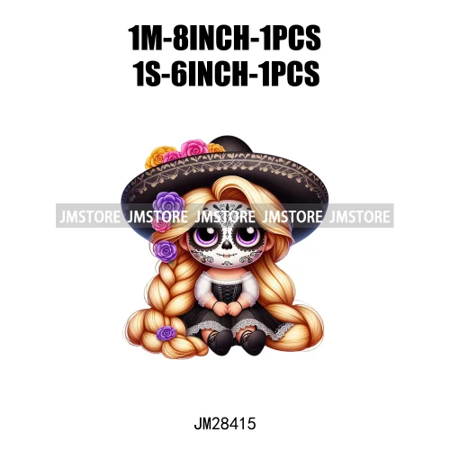 Colorful Day Of The Dead Catrina Princess Baby Girl Sombrero Hat Mexico Conchas Iron On DTF Heat Transfers Stickers For Clothing