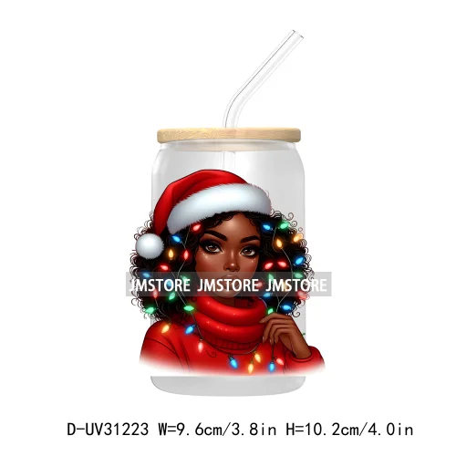 Afro Woman Nails Hip Pop Santa UV DTF Transfer Stickers Decals For Libbey Cold Cups Mugs Tumbler Just A Girl Who Loves Christmas