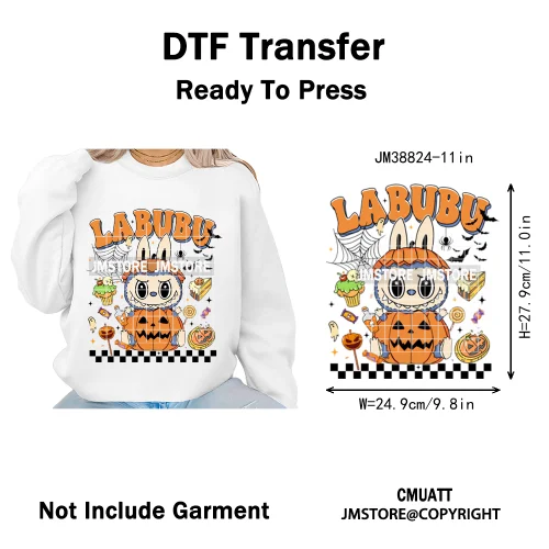 Cute Checkered Spooky Doll Monster Characters Halloween Iron on DTF Washable Heat Transfers Stickers Ready to Press for Textile