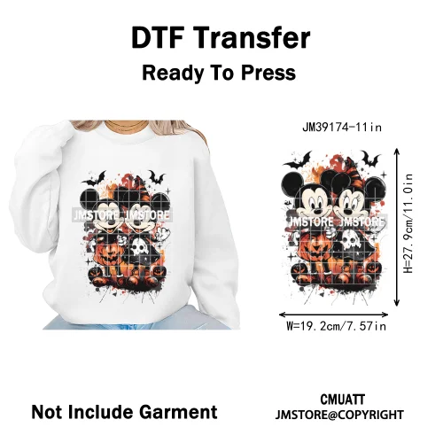 Spooky Season Pumpkin Trick or Treat Cartoon Halloween Iron on DTF Washable Heat Transfers Stickers Ready to Press for Clothing