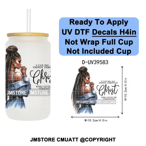 Fashion Girl Praying Black Women UV DTF Decals Ready To Apply Waterproof Transfer Stickers DIY Crafts For 16OZ Libbey Glass Can