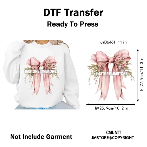 Pink Bow Silk Wedding Coquette Girl Ribbon Tied Printing Iron on DTF Thermal Transfers Stickers Ready to Press for Clothing Bags