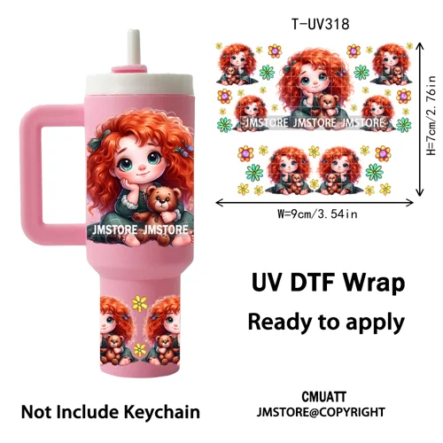 Watercolor Little Girl Cartoon Princess Flowers UV DTF Wraps Ready To Use Transfer Stickers Waterproof For Mini Tumbler Keychain