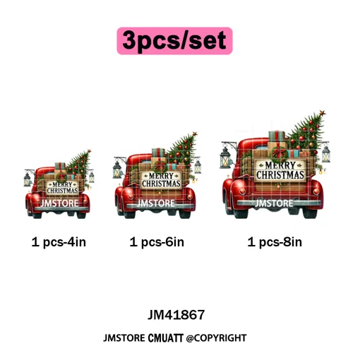 Christmas Pickup Truck Car Winter Tree Snowy Holiday Decoration Iron on DTF Heat Transfers Stickers Ready to Press for Clothing