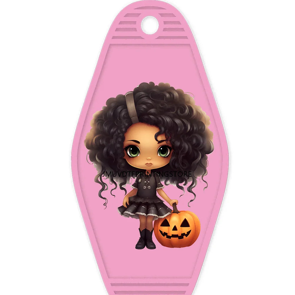 Halloween Pumpkin Cute Afro Girls High Quality WaterProof UV DTF Sticker For Motel Hotel Keychain Festival Gifts