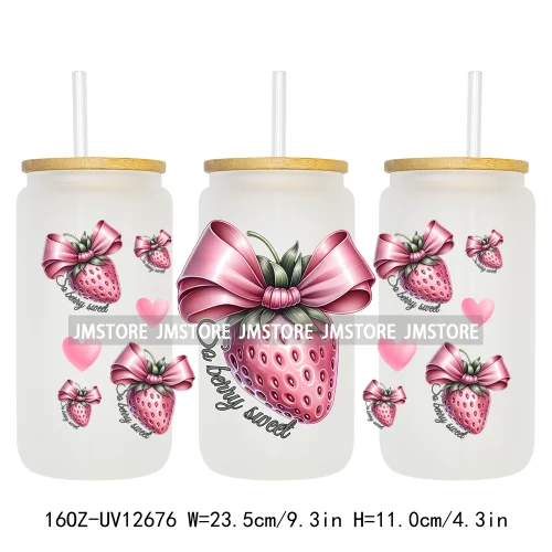 Iced Coffee Girly Pink Cherry Coquette Bow UV DTF Sticker For 16OZ Libbey Glass Cup Can Wrap Transfer Stickers Custom Labels