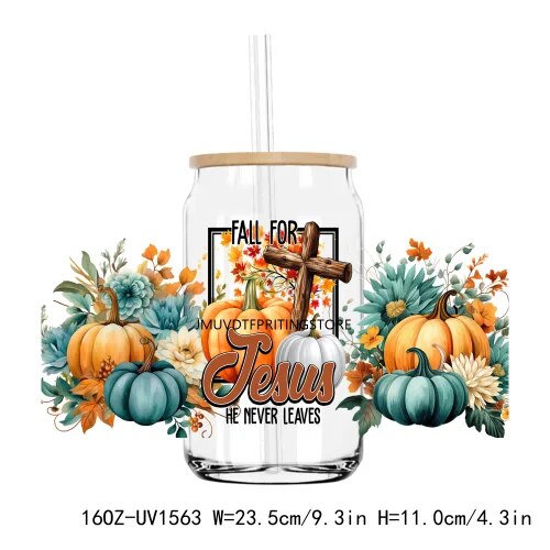 Fall Autumn Pumpkin Flower 16OZ UV DTF Cup Wrap Transfer Stickers Custom Labels DIY Durable Waterproof Logo For Libbey Glass Can