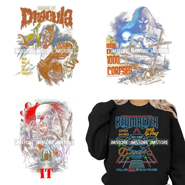 Horror Characters Halftone Movie Shows Scary Halloween Vibes Iron on DTF Washable Transfers Stickers Ready to Press for Clothing