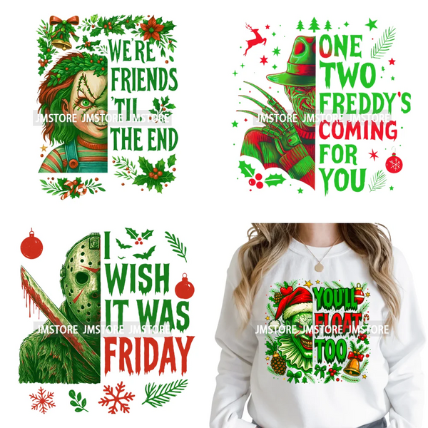 Funny Brushstroke Bubble Cartoon Christmas Killer Movie Xmas Iron on DTF Washable Transfers Stickers Ready to Press for Textiles