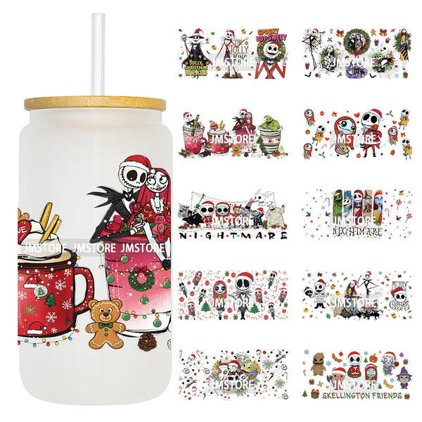 Horror Christmas Nightmare Character UV DTF Wrap Transfer Sticker Selfadhesive Waterproof High Quality For 16OZ Libbey Glass Can