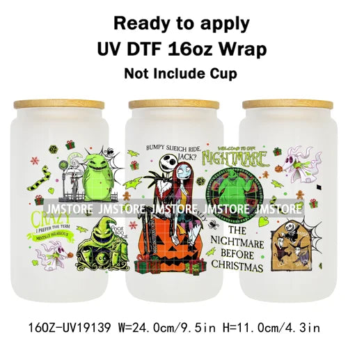 Horror Christmas Nightmare Character UV DTF Wrap Transfer Sticker Selfadhesive Waterproof High Quality For 16OZ Libbey Glass Can