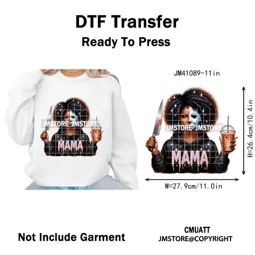 Horror Afro Mama Coffee Lover Scary Girly Killer Halloween Movie Iron on DTF Transfers Stickers Ready to Press for Textile Bags