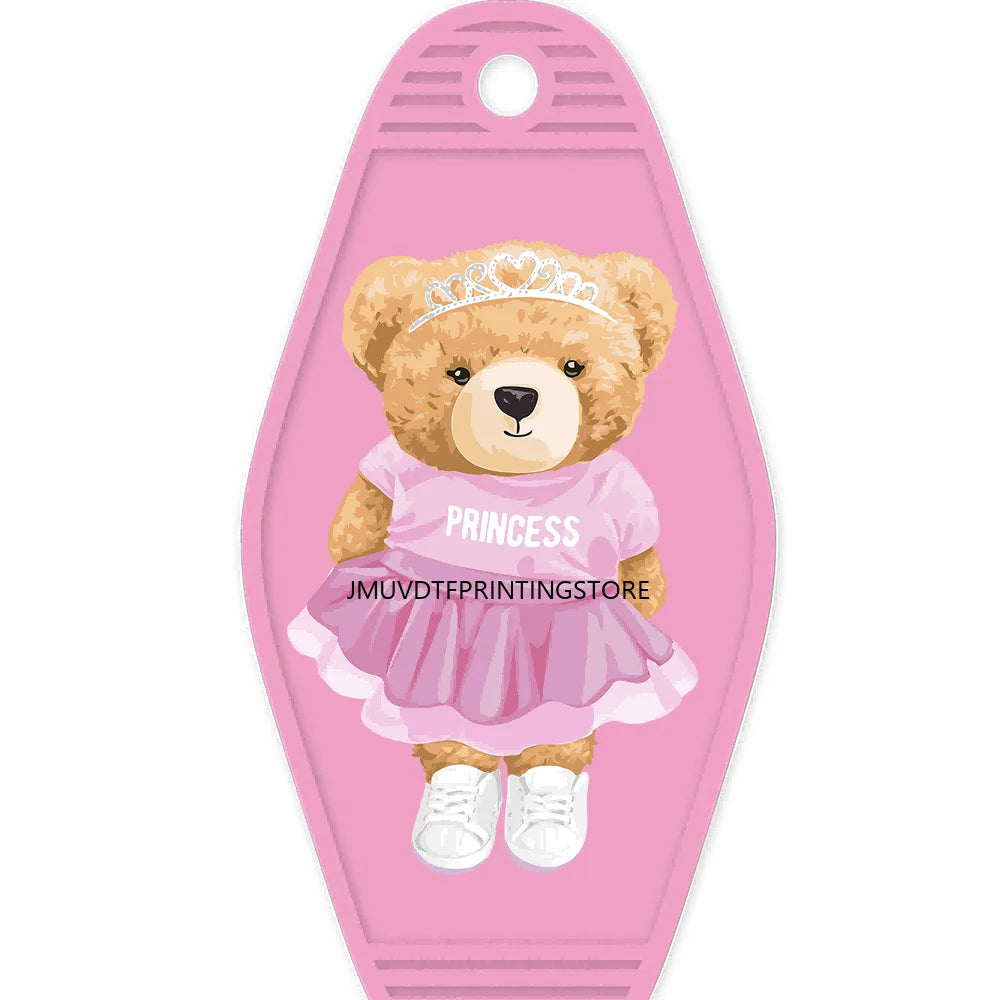 Cute Pink Teddy Bear Girl High Quality WaterProof UV DTF Sticker For Motel Hotel Keychain Brown Bears Baseball