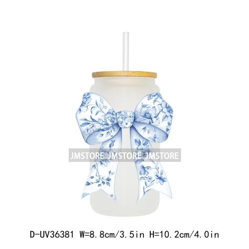 Blue Chinoiserie Coquette Bow UV Sticker Decals For Libbey Cold Cups Mug Tumbler Transfer Stickers Waterproof Top Quality Prints