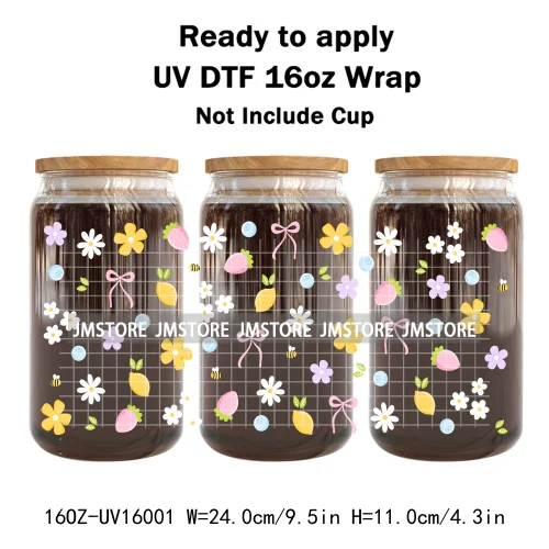 Floral Coquette Bow Strawberry Lemon Bookish UV DTF Wraps Transfer Sticker Waterproof Logo For 16OZ Libbey Glass Can Tumbler
