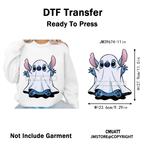 Spooky Scary Cute Cartoon Blue Animal Halloween Horror Vibes Iron on DTF Washable Transfers Stickers Ready to Press for Clothing