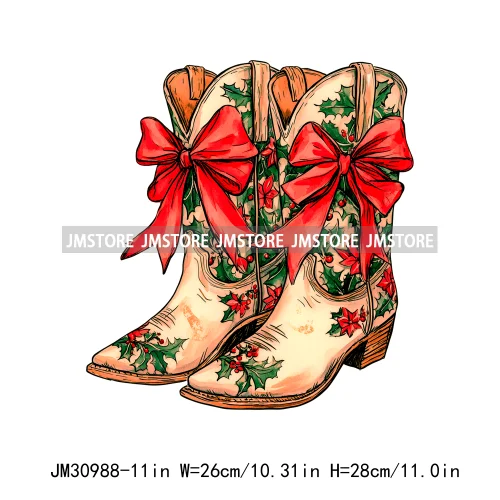 Howdy Christmas Cheer Vibes Coquette Western Country Cowgirl Boots Iron On DTF Transfer Stickers Ready To Press For Clothes Bags