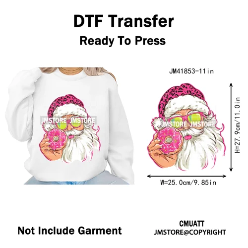 Pink Cartoon Glasses Coffee Drink Leopard Blowing Santa Claus Christmas Iron on DTF Transfer Stickers Ready to Press for T-shirt
