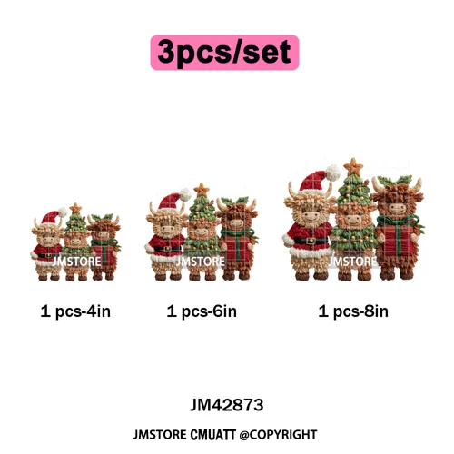 Faux Latch Hook Yarn Crochet Christmas Highland Cow Santa Iron on DTF Washable Transfer Stickers Ready to Press for Garment Bags