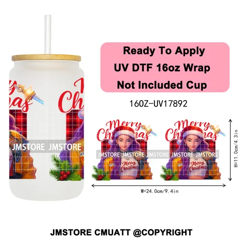 Merry Christmas Kpop Movie Character Anime Girl UV DTF Stickers Ready To Apply Cup Wrap High Quality For 16OZ Libbey Can Glass