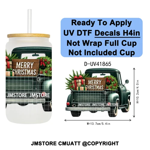 Watercolor Christmas Farm Truck Xmas Gifts UV DTF Transfer Stickers Decals Ready To Apply Waterproof For 16OZ Libbey Glass Can