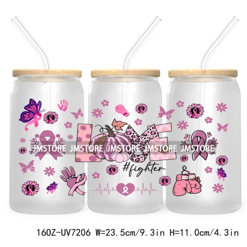 Peace Love Cure Breast Cancer Awareness Pink 16OZ UV DTF Cup Wrap Transfer Stickers For Libbey Glass Can Cups Tumbler October