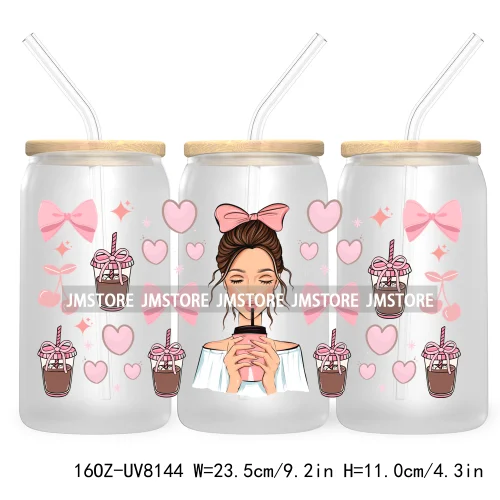 Iced Coffee Girly 16OZ UV DTF Cup Wrap Transfer Stickers Custom Labels Durable Waterproof Logo For Libbey Glass Can Coquette Bow