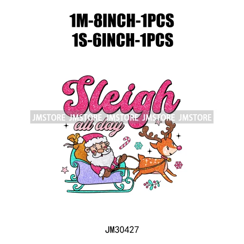 Colorful Holly Jolly Vibes Faux Glitter Christmas Santa Sleigh All Day Iron On DTF Transfers Stickers Ready To Press For Clothes