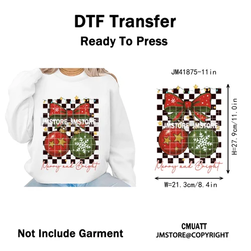 Merry and Bright Coquette Patchwork Santa Christmas Holiday Season Iron on DTF Heat Transfer Stickers Ready to Press for Hoodies