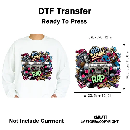 12in Old School Rap Hip Hop Music King Gaming Urban Vibes Graffiti Iron on DTF Heat Transfer Stickers Ready to Press for T-shirt