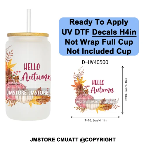 Cozy Autumn Fall Pumpkin Spice UV DTF Decals Ready To Apply Waterproof Transfer Stickers DIY Crafts For 16OZ Libbey Glass Can