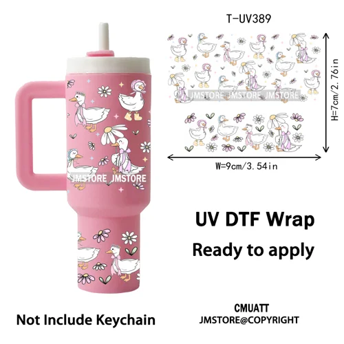 Pink Coquette Bow Goose Daisy Flower UV DTF Mini Tumbler Keychain Wraps Ready To Apply Transfer Stickers Prints Waterproof Decal