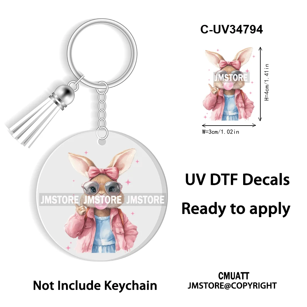 Faux Sequin Glitter Happy Easter Bow Retro Easter Bunny Blowing Bubble UV DTF Stickers for Round Circle Acrylic Keychain Keyring