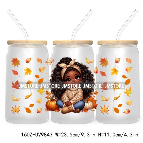 Afro African Girl 16OZ UV Cup Wrap DTF Transfer Stickers For Libbey Glass Can Cups Tumbler Fall Season Autumn Waterproof Labels