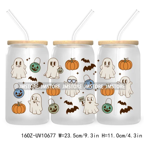 Spooky Halloween Ghost UV DTF Sticker For 16OZ Libbey Glass Cup Can Girly Coquette Bow Wrap Transfer Stickers Custom Labels Bats