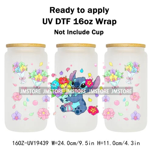 Cartoon Holding Bouquet Flowers UV DTF Cup Wrap Ready To Apply Transfer Stickers Durable 16OZ Tumbler Wraps For Libbey Glass Can