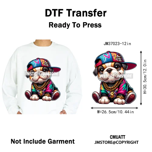 12in Streetwear Vibes Rich Cool Cartoon Bulldog King Designs Washable Iron on DTF Transfers Stickers Ready to Press for Clothes