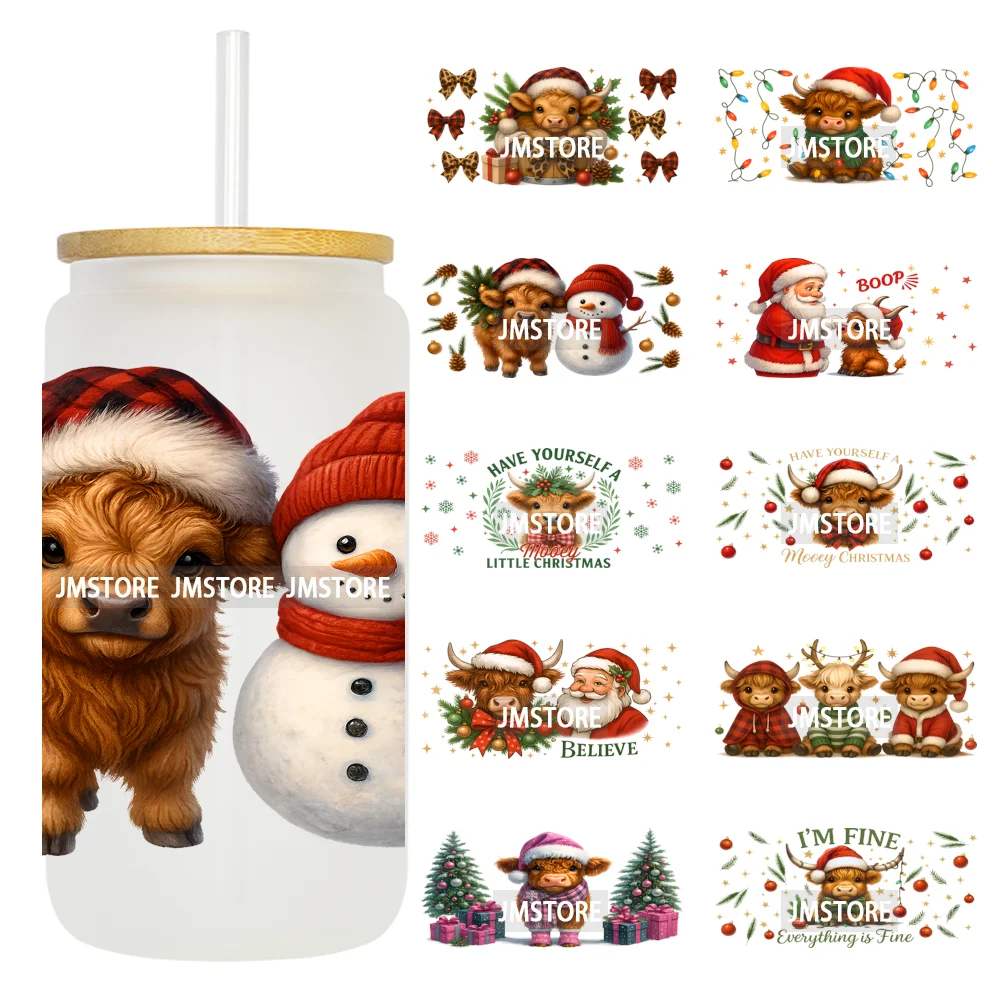 Howdy Christmas Western Highland Cow 16OZ UV DTF Cup Wraps Ready To Apply Waterproof Transfer Stickers For Libbey Glass Can