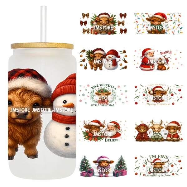 Howdy Christmas Western Highland Cow 16OZ UV DTF Cup Wraps Ready To Apply Waterproof Transfer Stickers For Libbey Glass Can