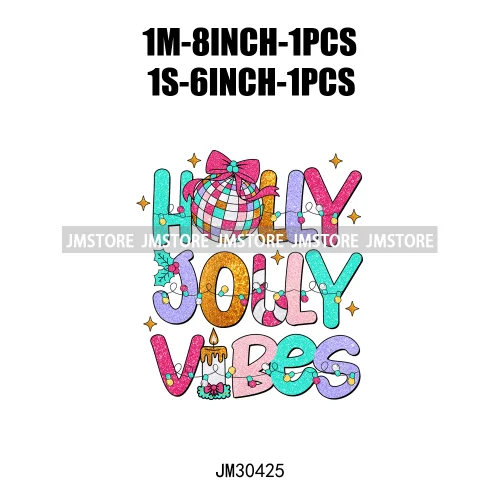 Colorful Holly Jolly Vibes Faux Glitter Christmas Santa Sleigh All Day Iron On DTF Transfers Stickers Ready To Press For Clothes