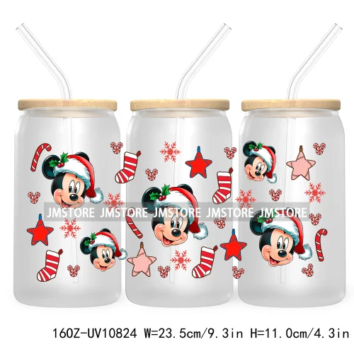 Cartoon Christmas Kids Friends 16OZ UV DTF Cup Wrap Waterproof Transfer Stickers For Libbey Glass Can Candy Cane Merry Christmas