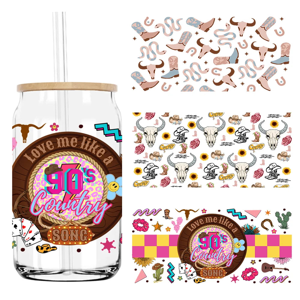 Love Me Like A 90's Country Song UV DTF Sticker For 16OZ Libbey Glass Cup Can Wrap Transfer Sticker Custom Labels DIY Logo