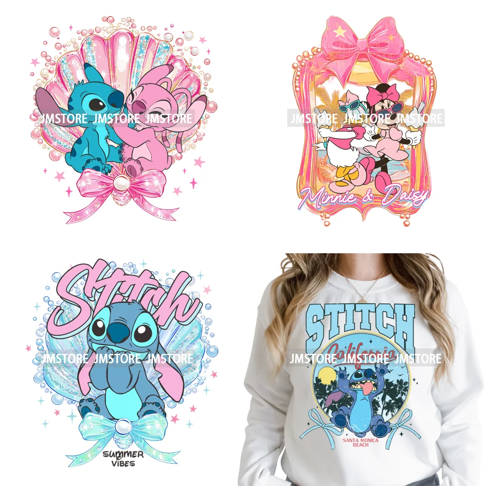 Retro Cartoon Happy Summer Vacation Vibes Coquette Seashells Iron on DTF Heat Transfer Stickers Ready to Press for Clothes Bags